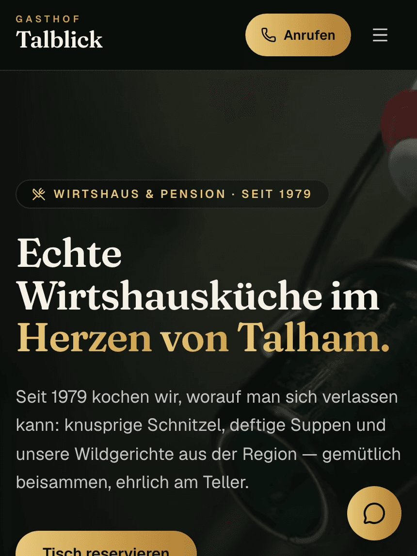 Website-Beispiel für Gasthof Talblick, wie es auf dem Handy aussieht