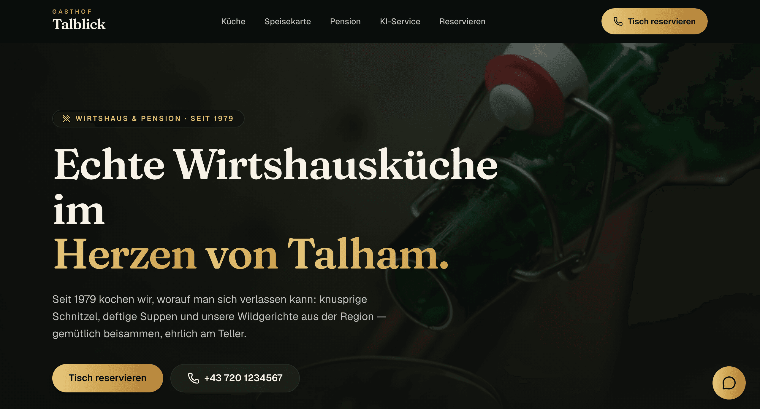 Relaunch-Website des Gasthofs: dunkler, hochwertiger Auftritt mit Reservieren-Button und KI-Assistent